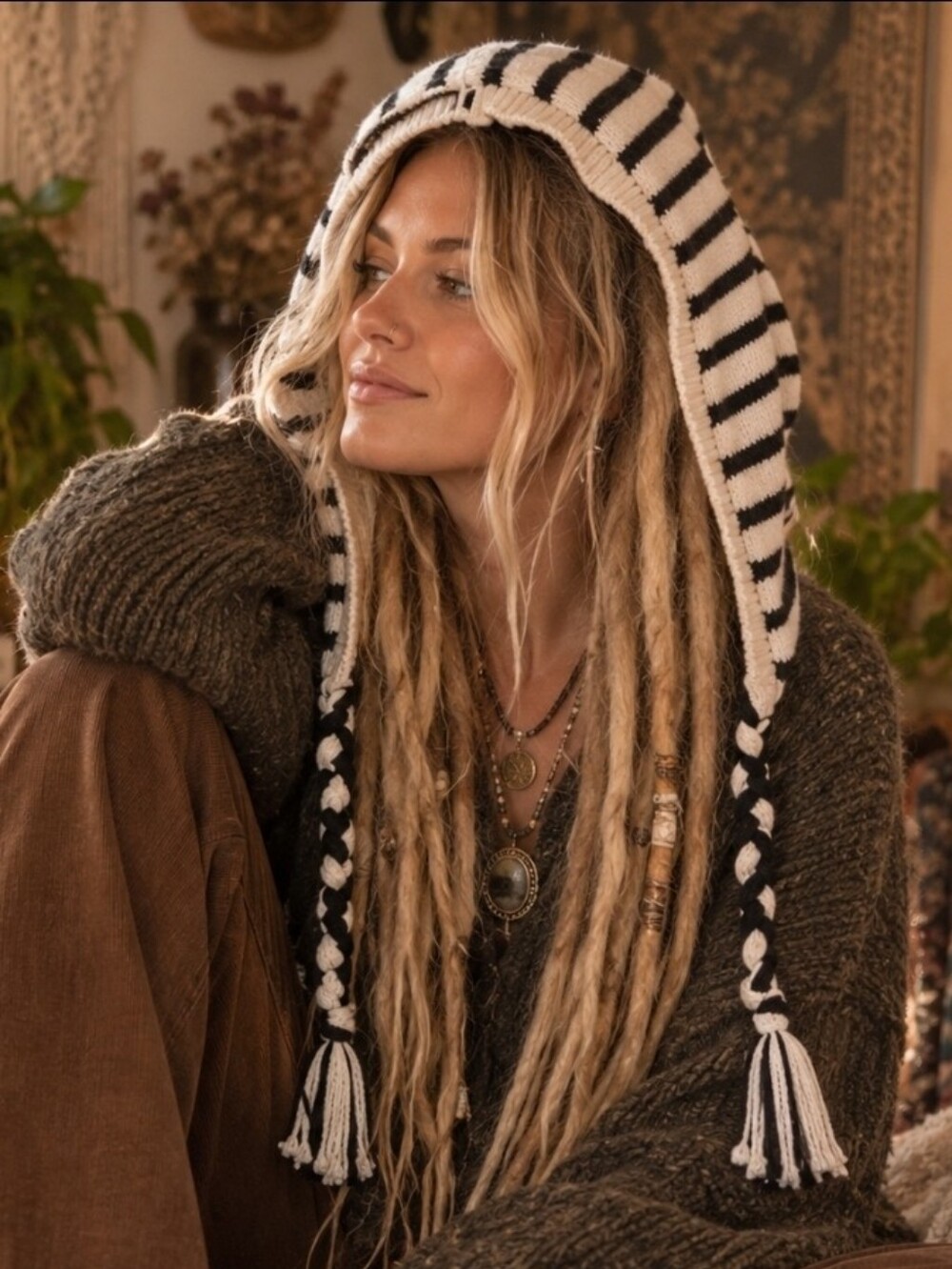4/$15 Black & White Striped Knit Hood Scarf | Balaclava Bonnet | Festival Boho